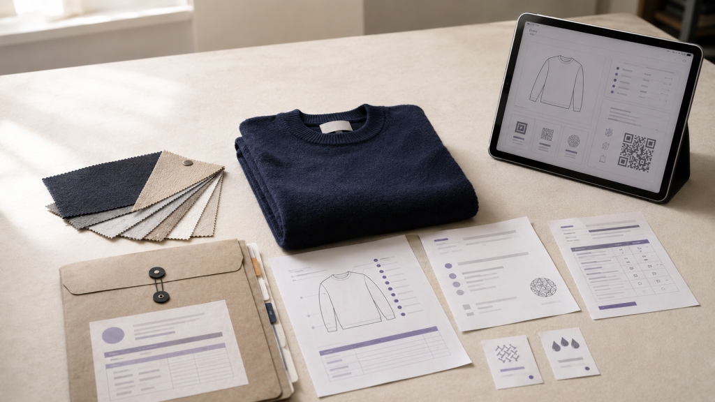 Garment, material samples, product records and a Digital Product Passport interface representing data-ready apparel sourcing