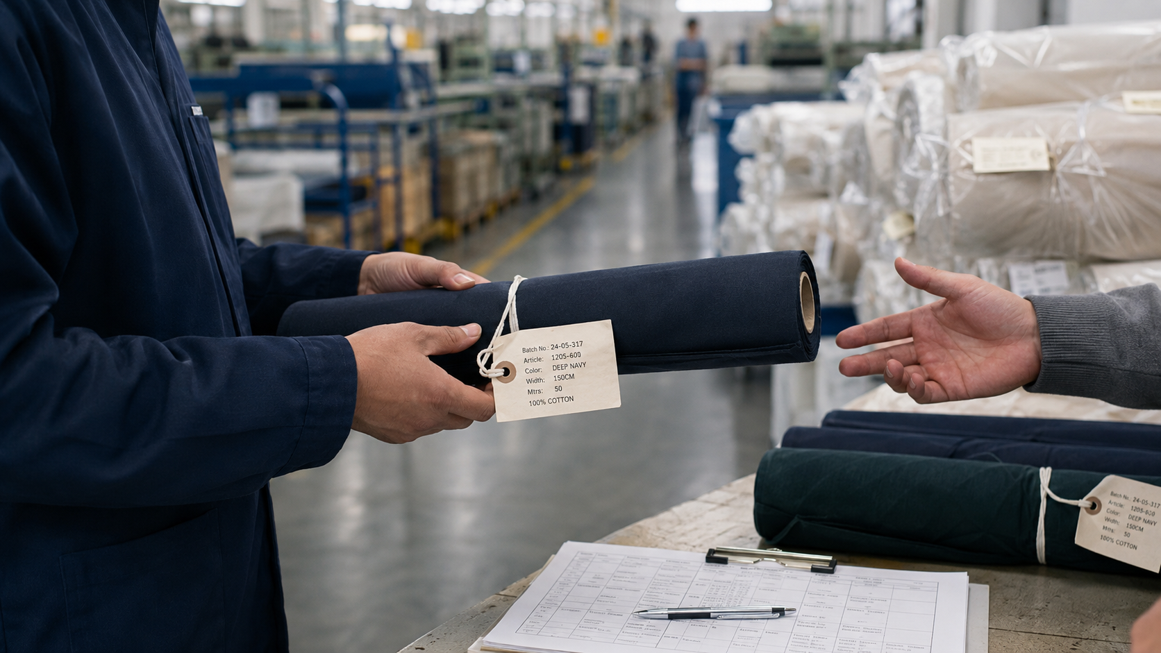 Textile material handoff in a factory representing supply-chain data readiness and product information flow