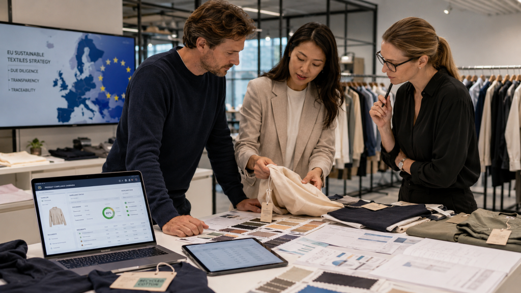 Apparel sourcing team reviewing textile samples, supplier evidence and EU product compliance information